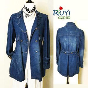 Denim Blue Cotton Ripped Style Trench Jacket Coat Collar Pockets Double Breasted